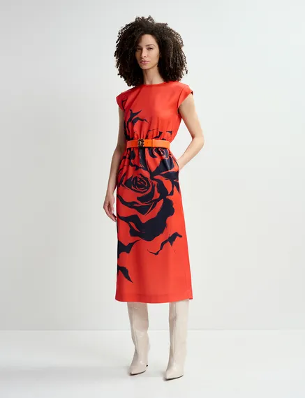 Red midi-length dress with floral print