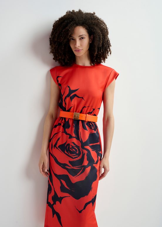 Rode midi-jurk met bloemenprint