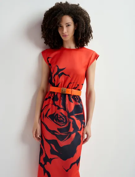 Rode midi-jurk met bloemenprint