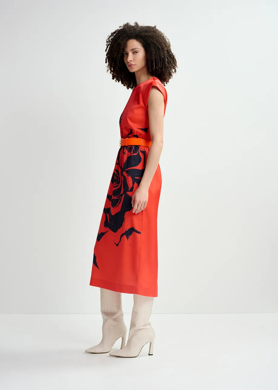 Red midi-length dress with floral print