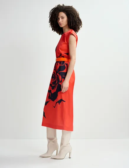 Red midi-length dress with floral print