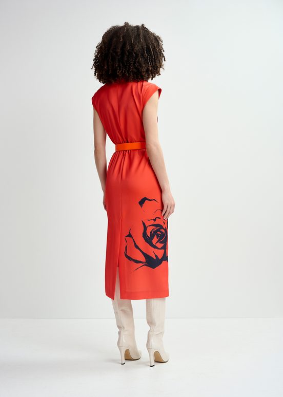 Red midi-length dress with floral print