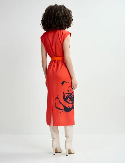 Red midi-length dress with floral print