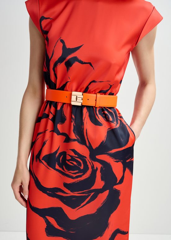 Red midi-length dress with floral print