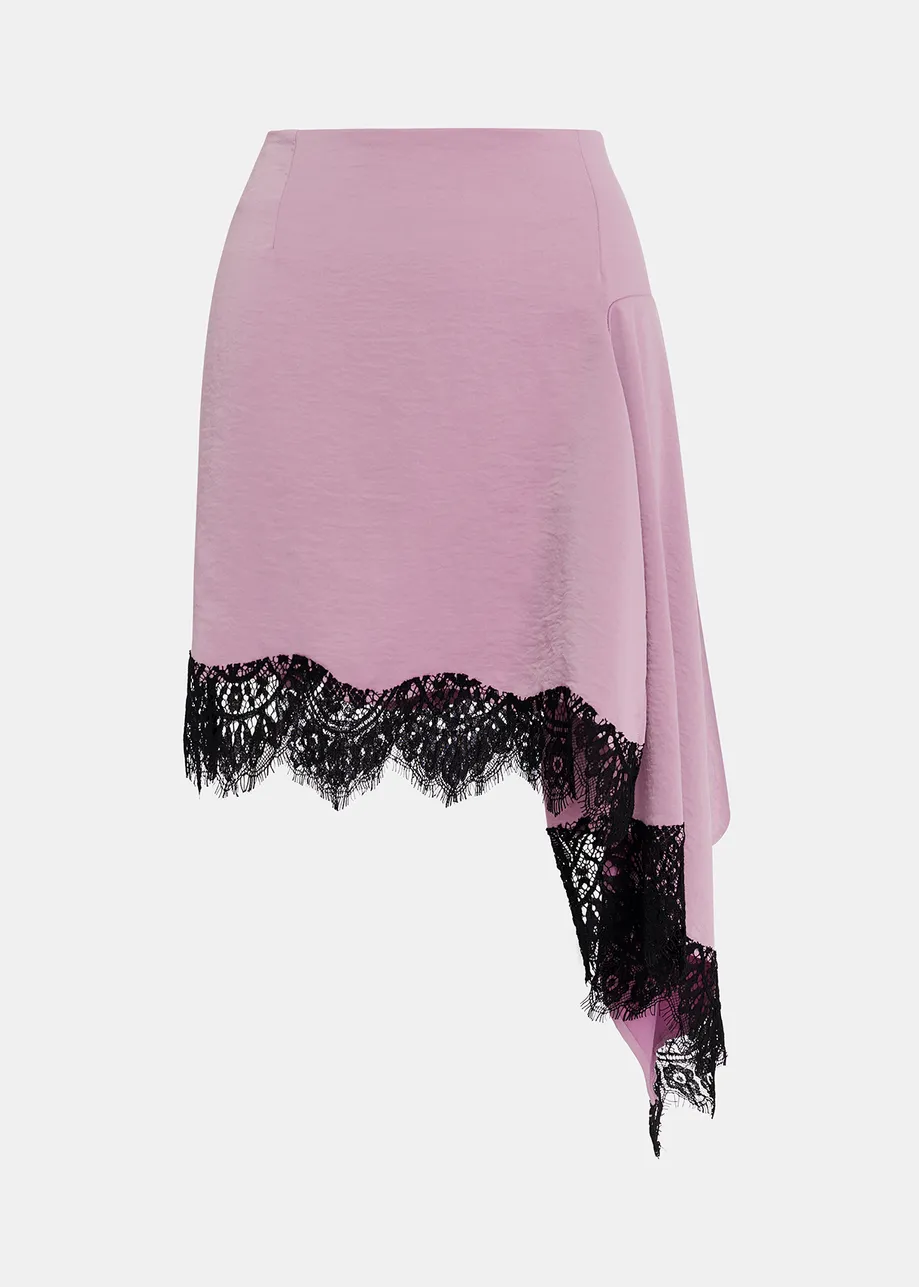 Mauve asymmetrical mini skirt with lace trim