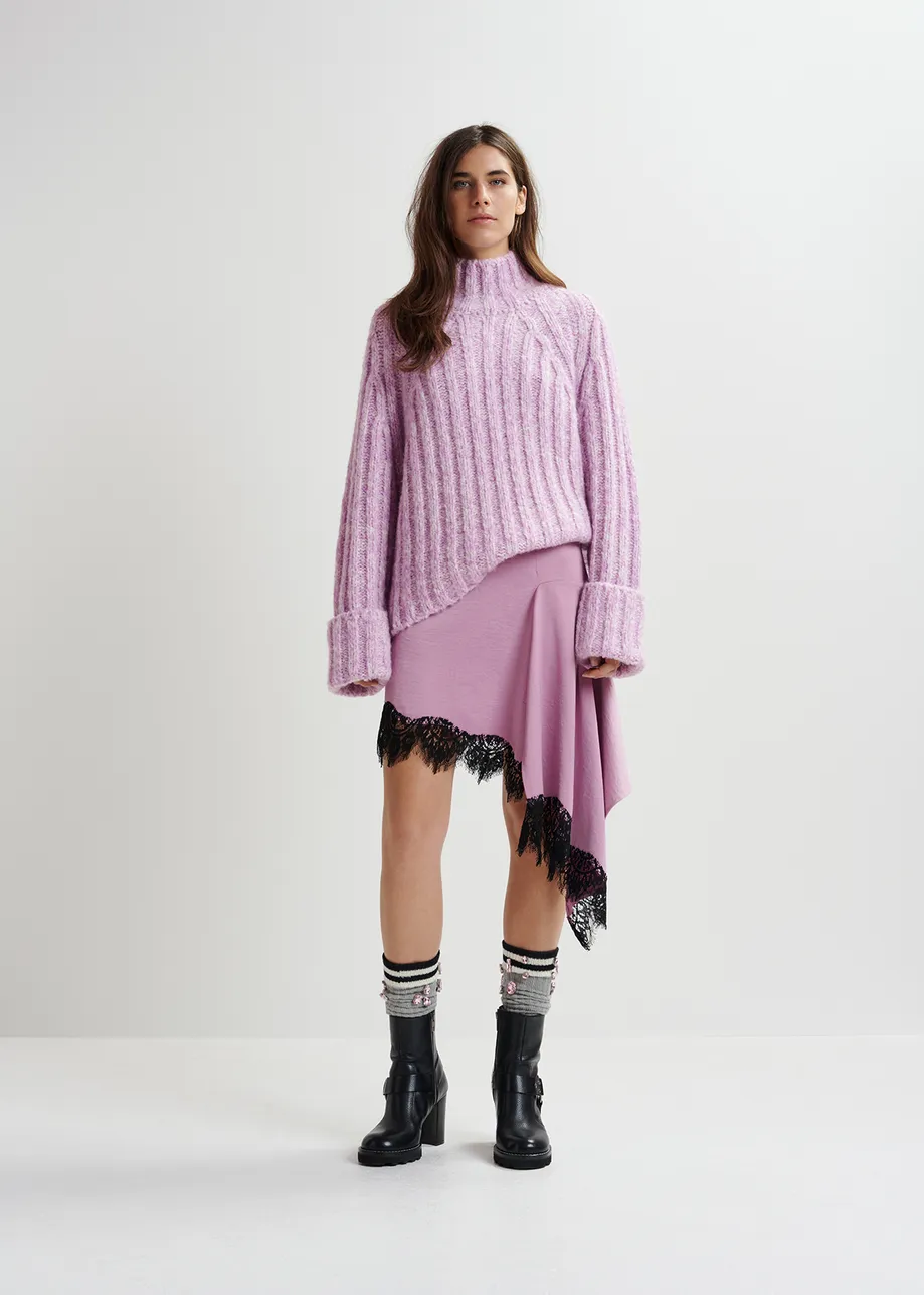 Mauve asymmetrische minirok met kanten zoom