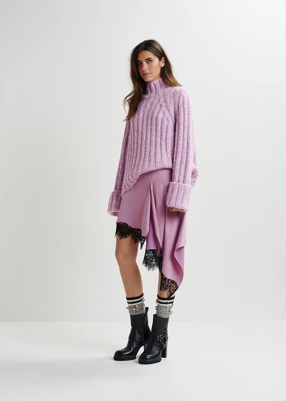 Mauve asymmetrische minirok met kanten zoom