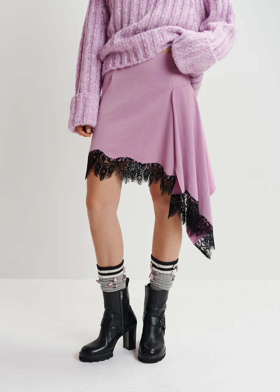 Mauve asymmetrical mini skirt with lace trim