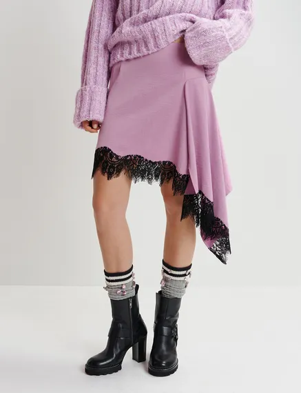 Mauve asymmetrische minirok met kanten zoom