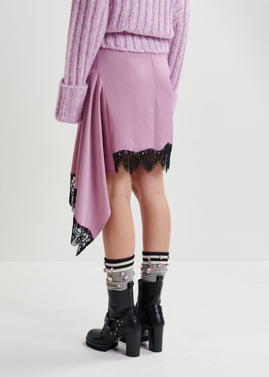 Mauve asymmetrische minirok met kanten zoom