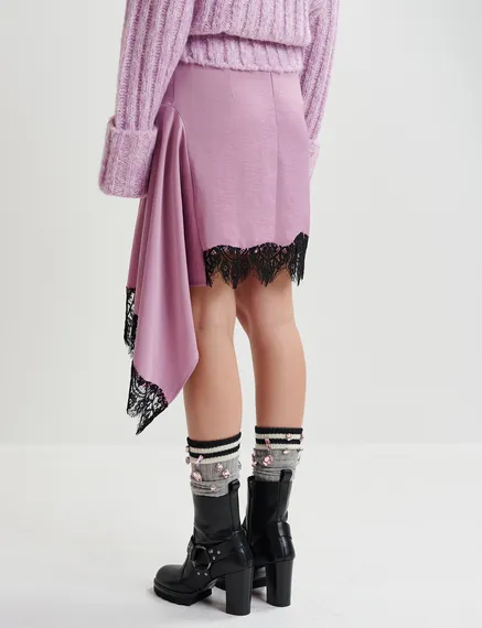 Mauve asymmetrische minirok met kanten zoom