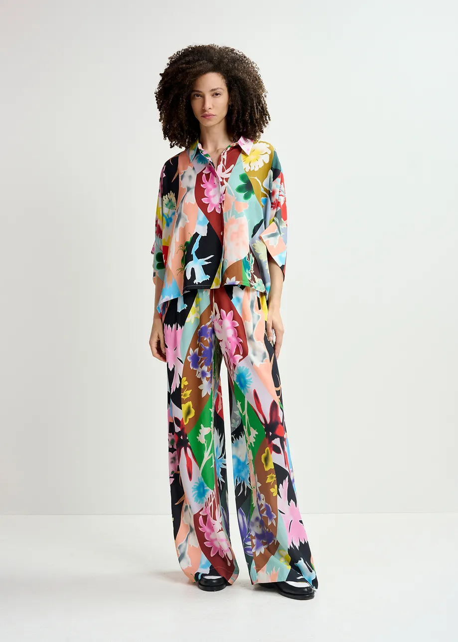 Multicolor floral-print wide-leg pants