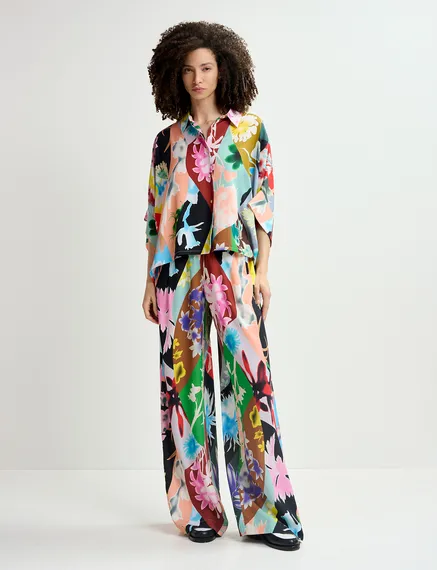 Multicolor floral-print wide-leg pants