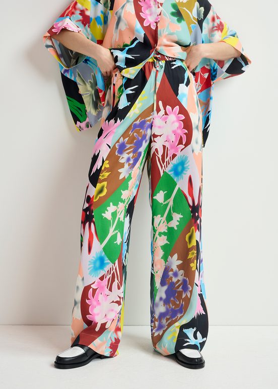 Pantalon large à imprimé fleuri multicolore