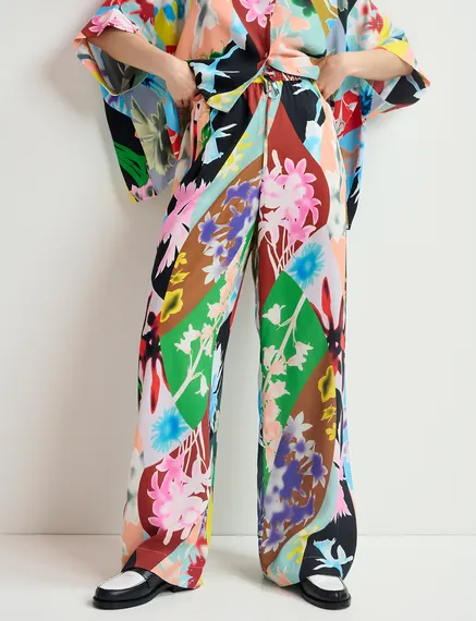 Multicolor floral-print wide-leg pants