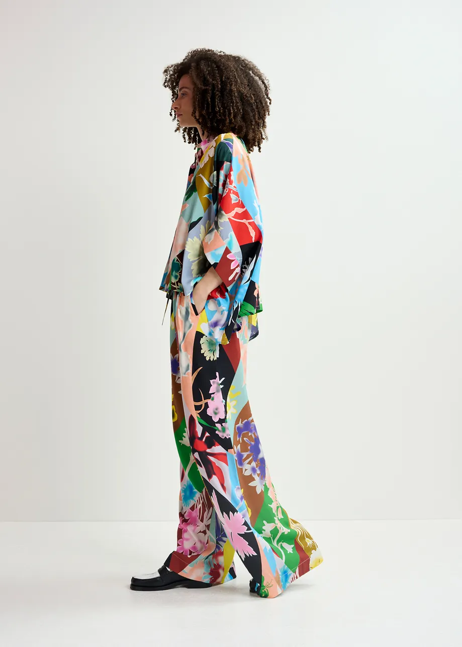 Multicolor floral-print wide-leg pants