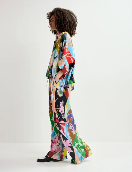 Multicolor floral-print wide-leg pants