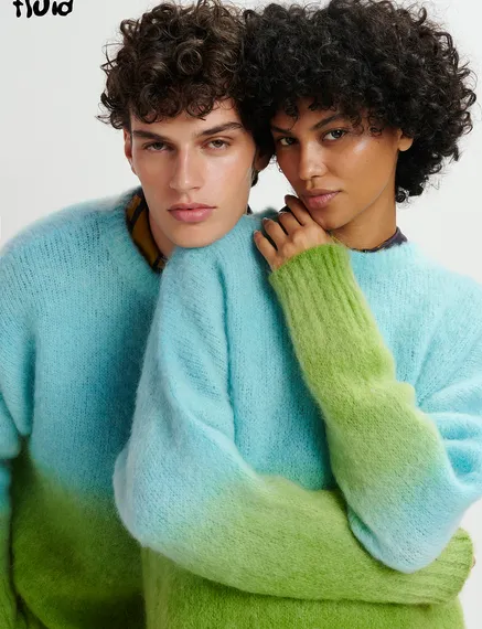 Light blue and green knit sweater with gradient effect