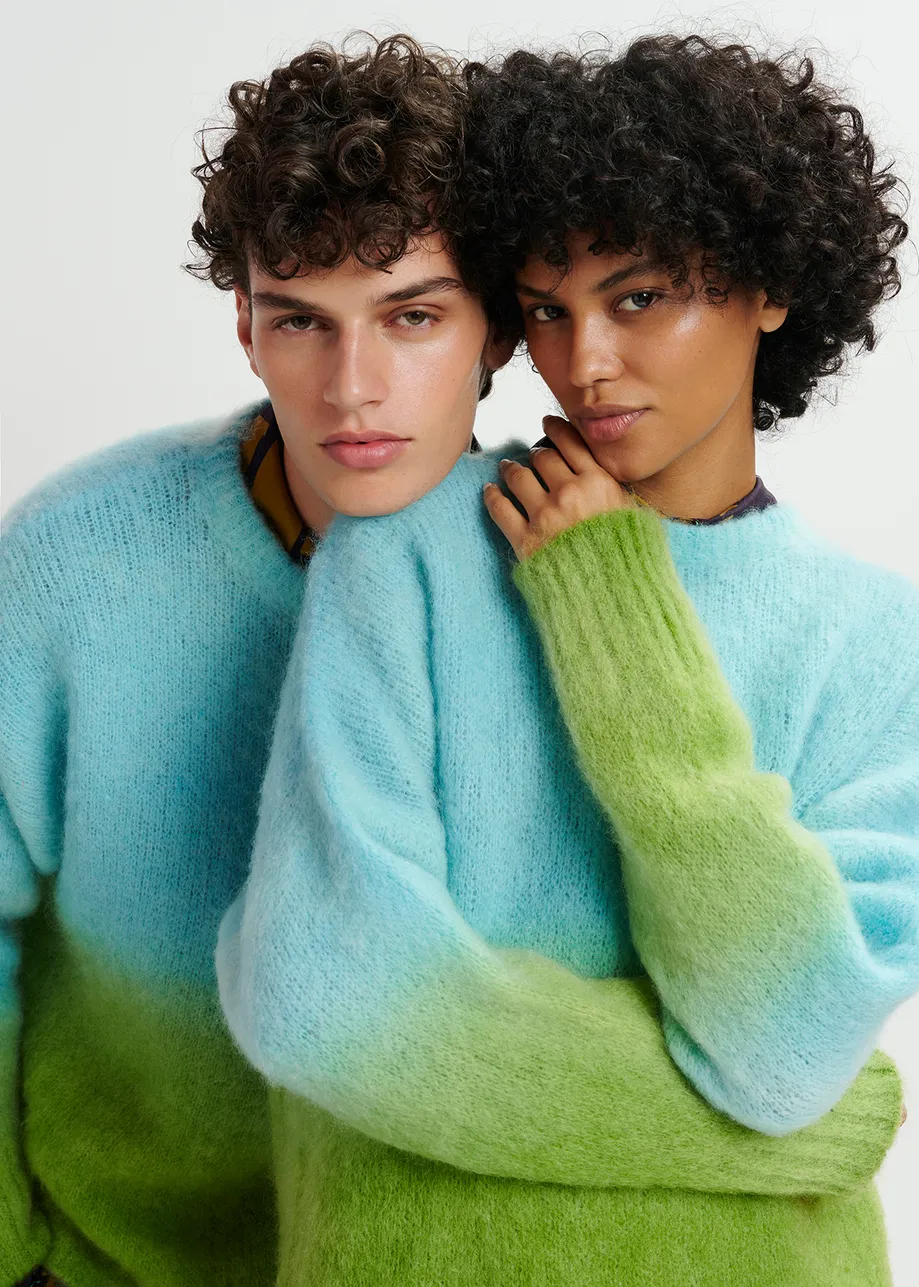 Light blue and green knit sweater with gradient effect