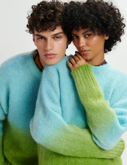 Light blue and green knit sweater with gradient effect