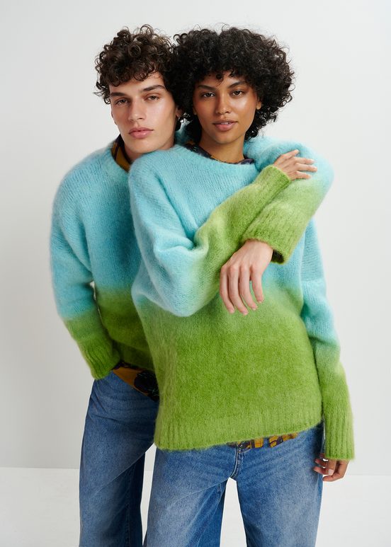 Light blue and green knit sweater with gradient effect