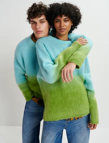 Light blue and green knit sweater with gradient effect