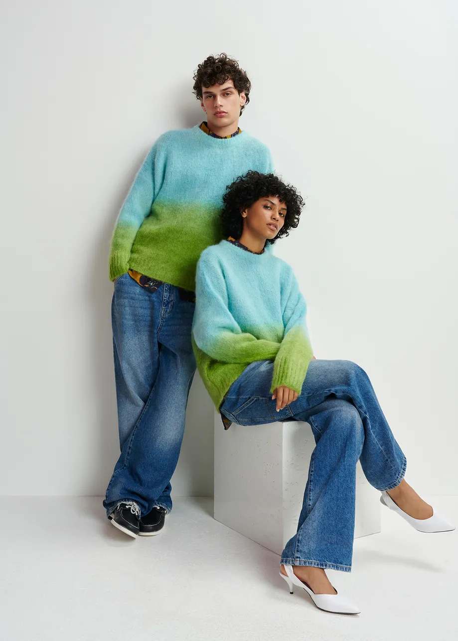 Light blue and green knit sweater with gradient effect