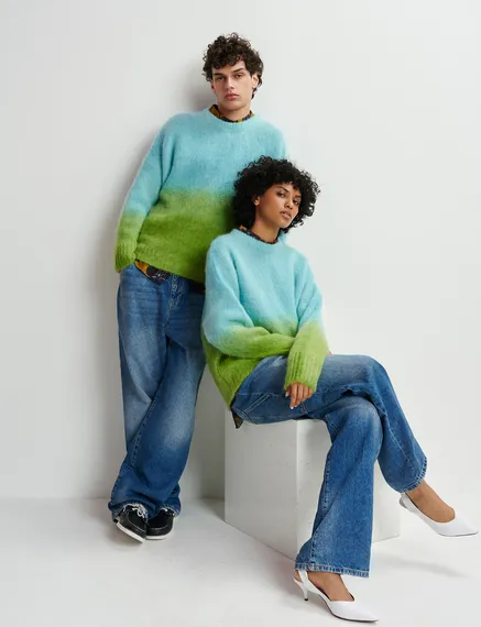 Light blue and green knit sweater with gradient effect