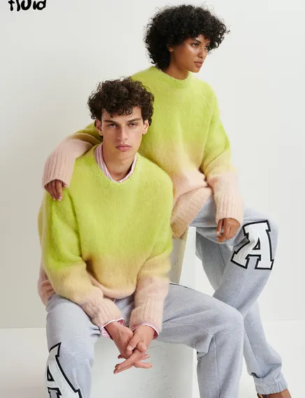 Lime green and light pink knit sweater with gradient effect