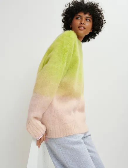 Lime green and light pink knit sweater with gradient effect