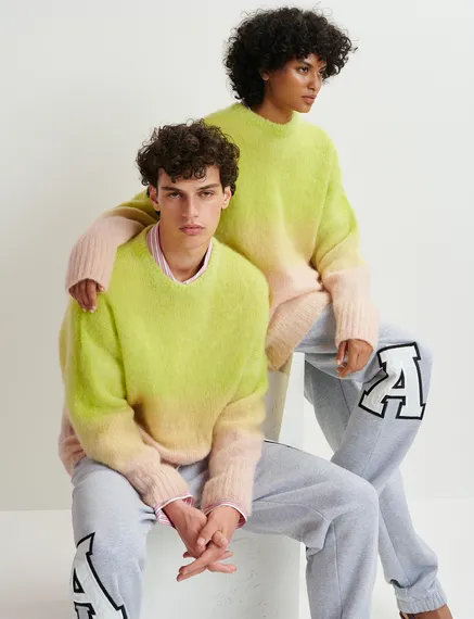 Lime green and light pink knit sweater with gradient effect