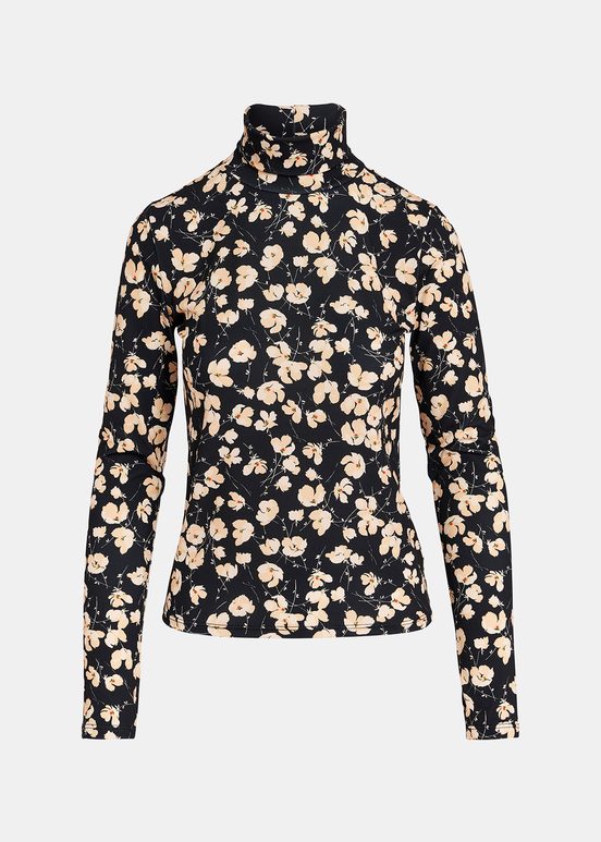 Black and ecru floral-print turtleneck top