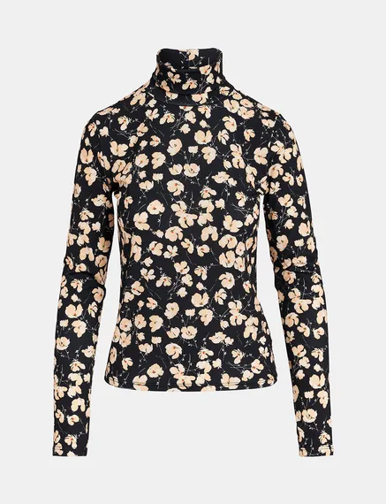 Black and ecru floral-print turtleneck top