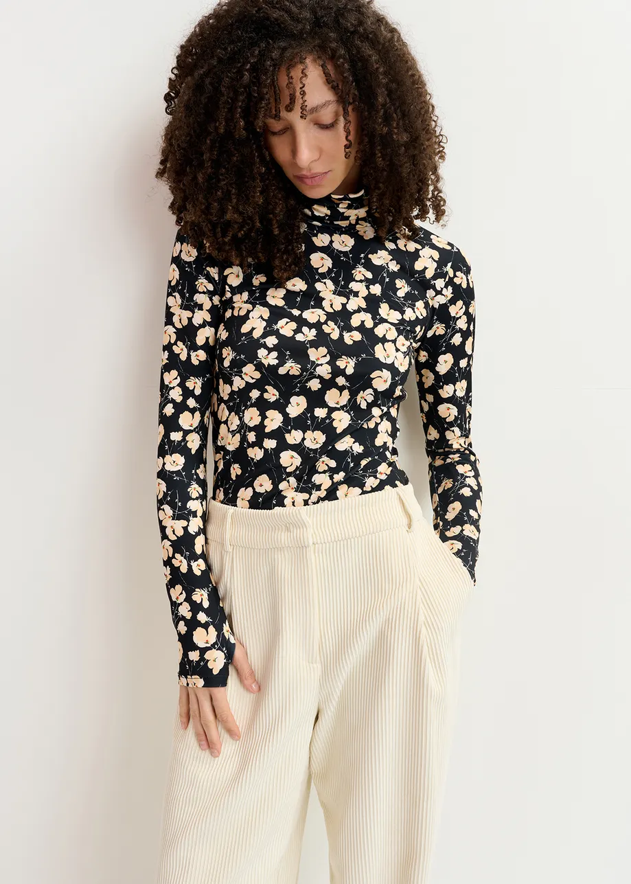 Black and ecru floral-print turtleneck top