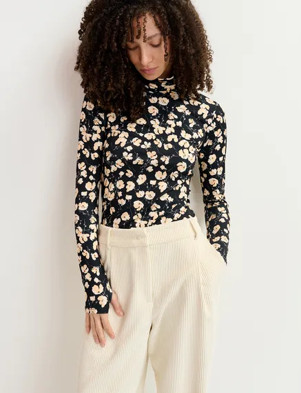 Black and ecru floral-print turtleneck top