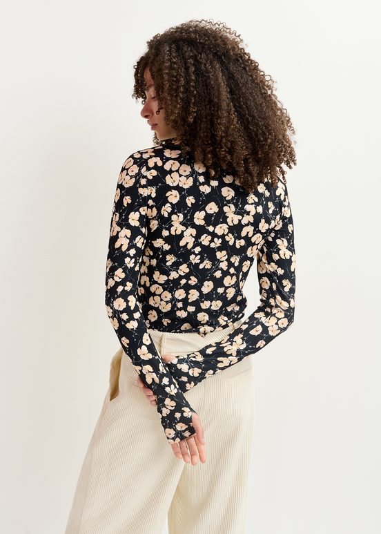 Black and ecru floral-print turtleneck top