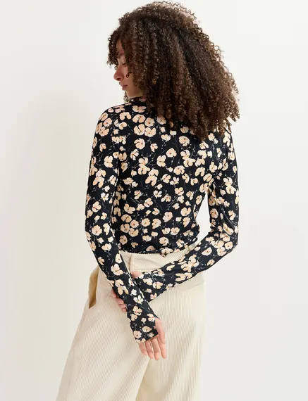 Top de cuello alto con estampado floral, negro y crudo