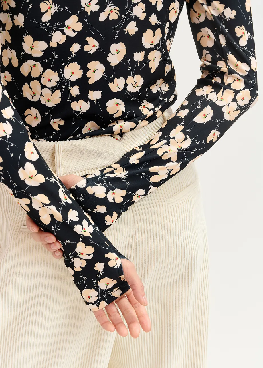 Black and ecru floral-print turtleneck top