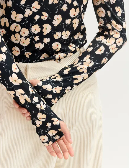 Black and ecru floral-print turtleneck top