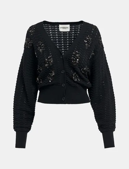 Black sequin-embellished V-neck cardigan