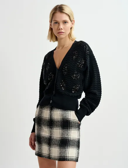 Black sequin-embellished V-neck cardigan