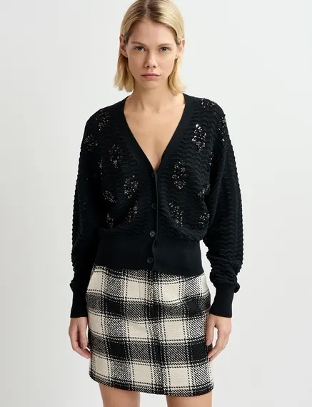 Black sequin-embellished V-neck cardigan