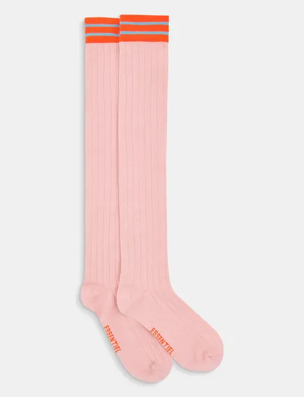 Light pink long socks with striped cuffs