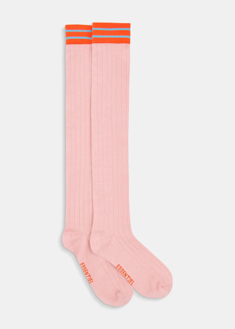 Light pink long socks with striped cuffs