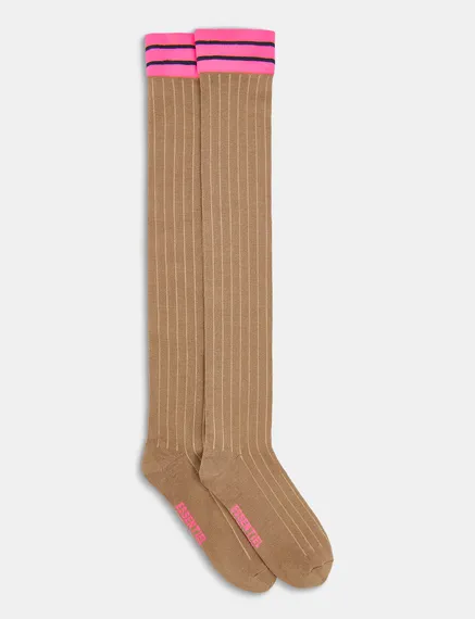 Brown long socks with striped cuffs