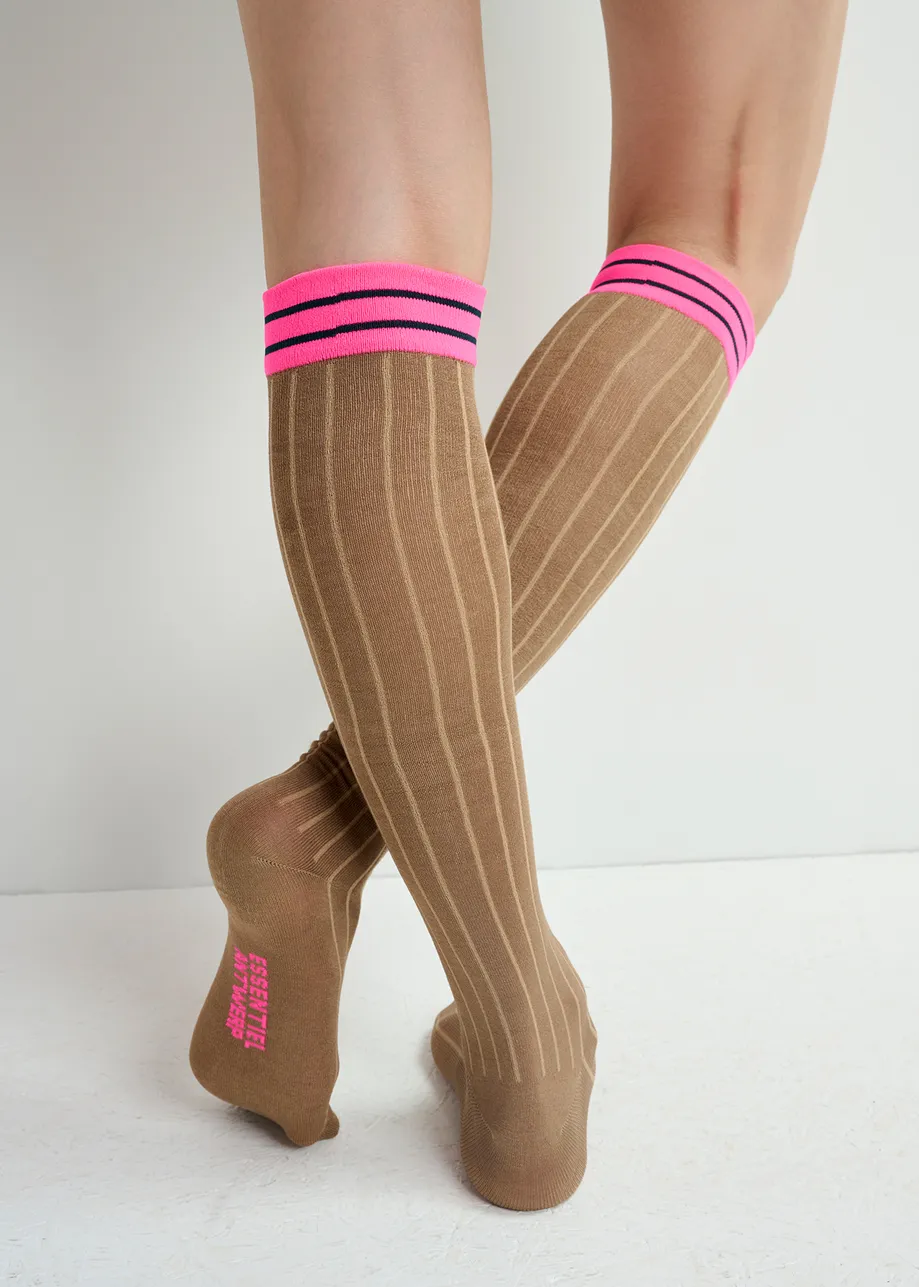 Brown long socks with striped cuffs