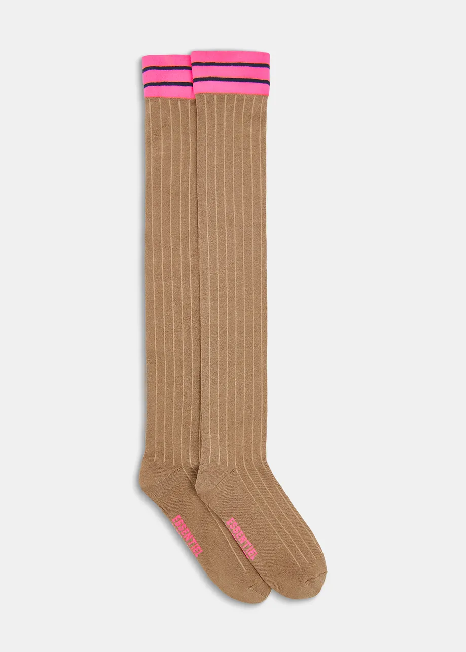 Brown long socks with striped cuffs