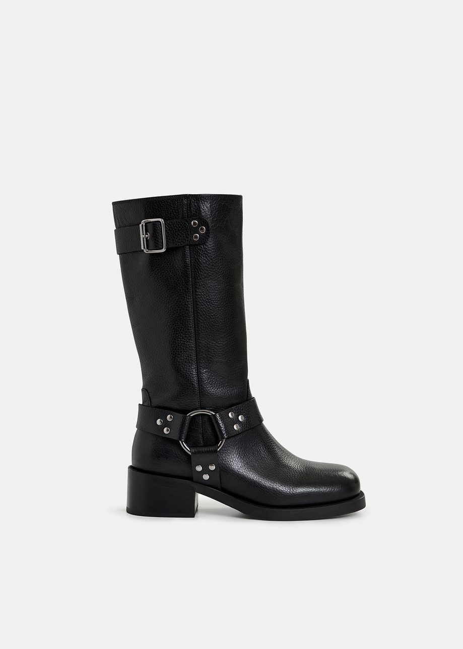 Black leather buckled boots