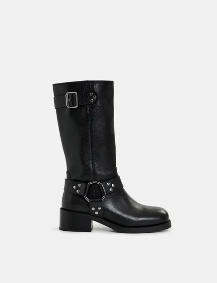 Black leather buckled boots