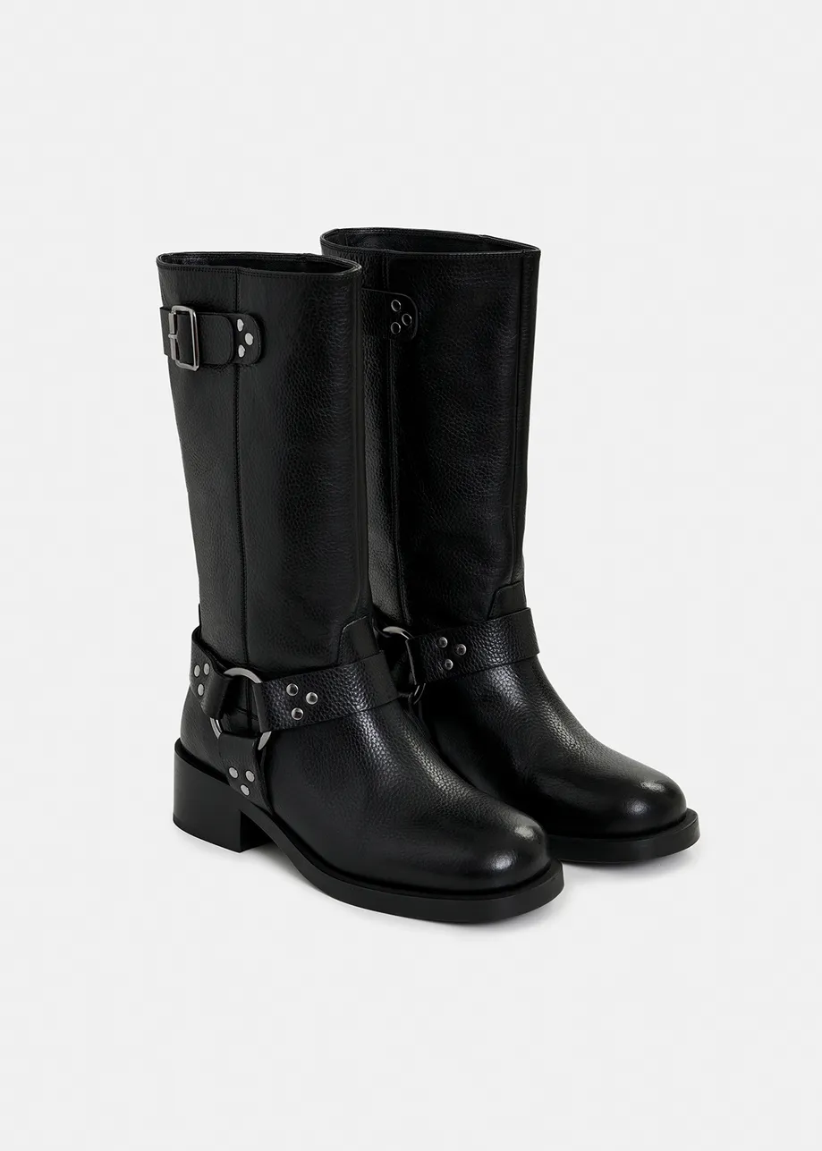 Black leather buckled boots